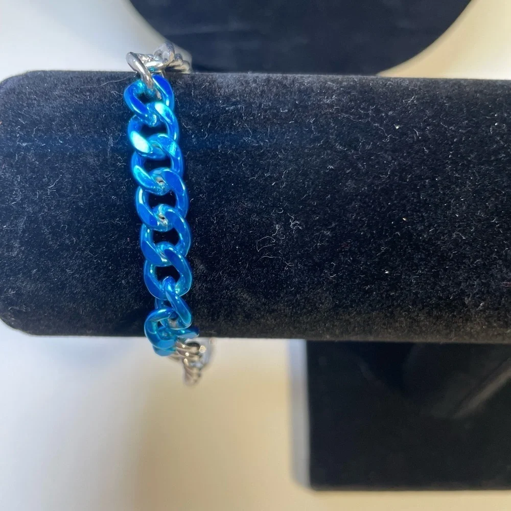 Men’s Silver and Blue Tone Cuban Chain Link Bracelet 8” with 2” Extension